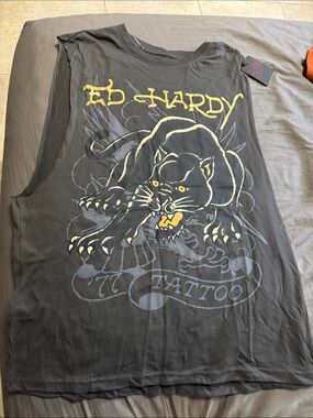 Ed Hardy Mens Black Panther Graphic Muscle Tee - Black NWT